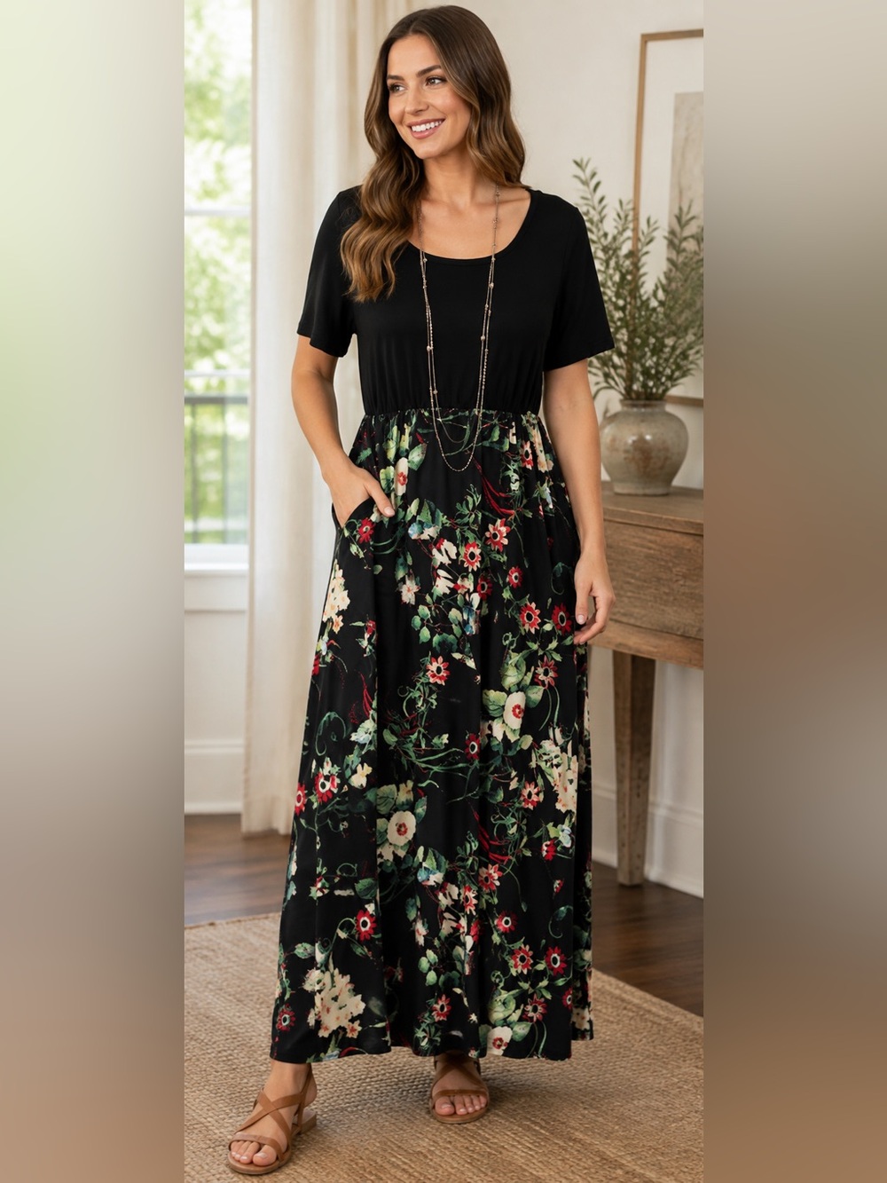 Floral Maxi Dress XL Black Multicolor Short Sleeve Elastic Waist